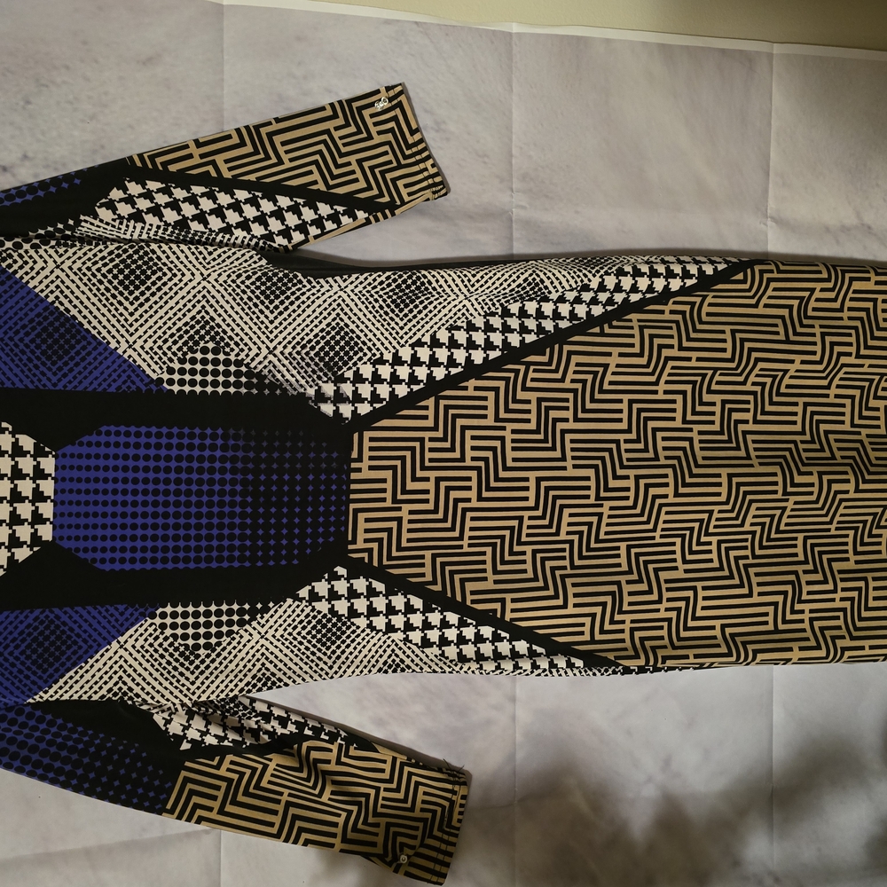 Geometric Patterned Dress in Black, Blue, and Tan